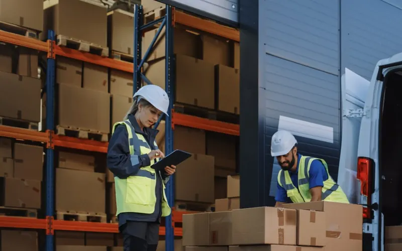 Workers with a tablet beside stacked boxes and warehouse shelving