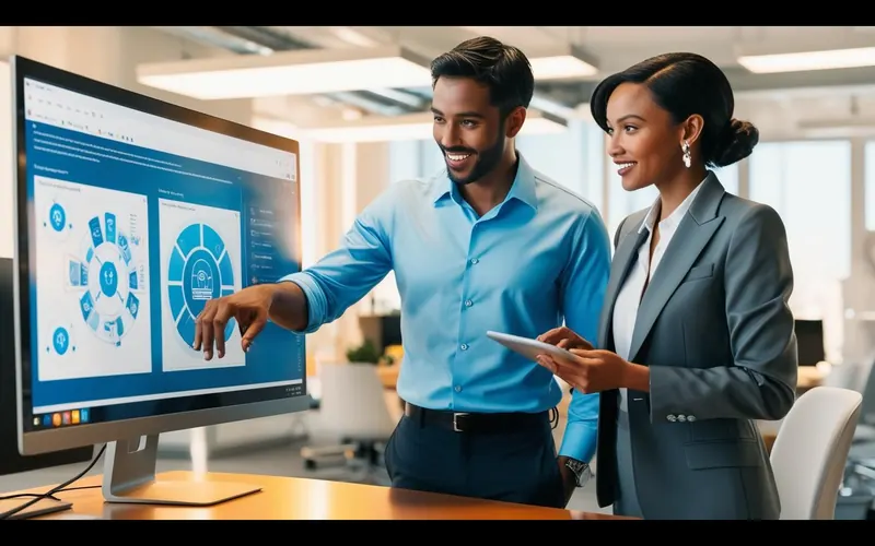 An engineer and an IT specialist discussing data on a computer screen